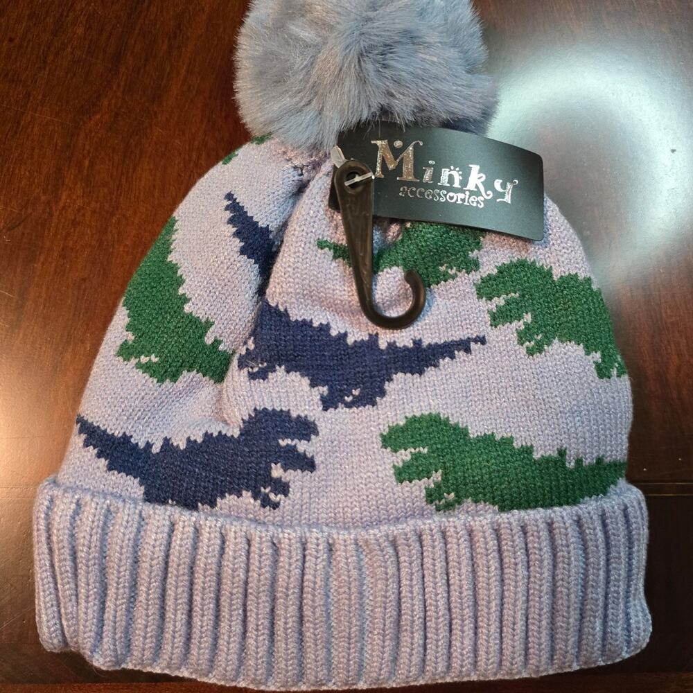 Minky Gray Dinosaur Pom Pom infant Beanie Hat NWT